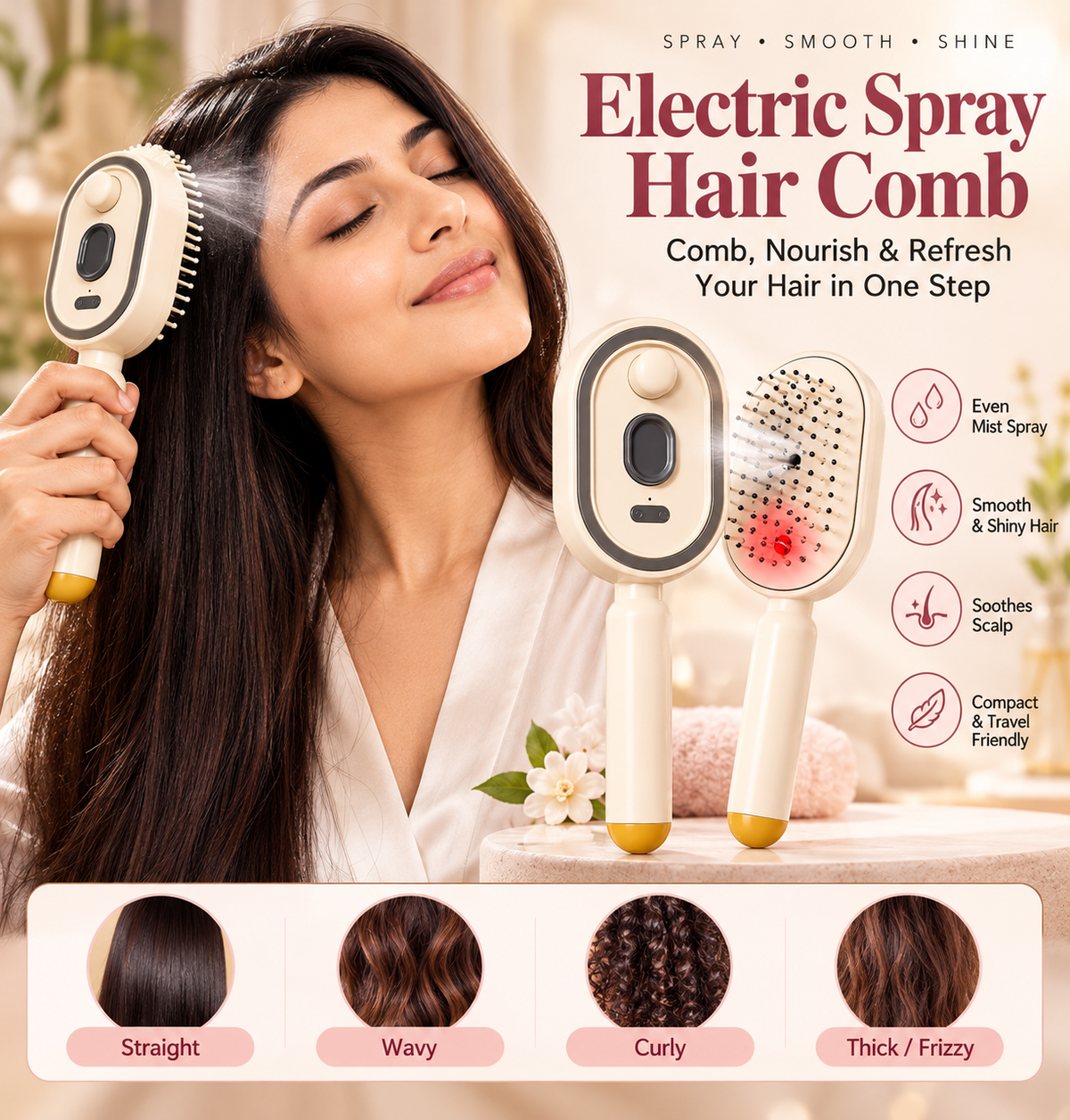 3-in-1 Electric Spray Hair Comb | Mist, Massage & Comb