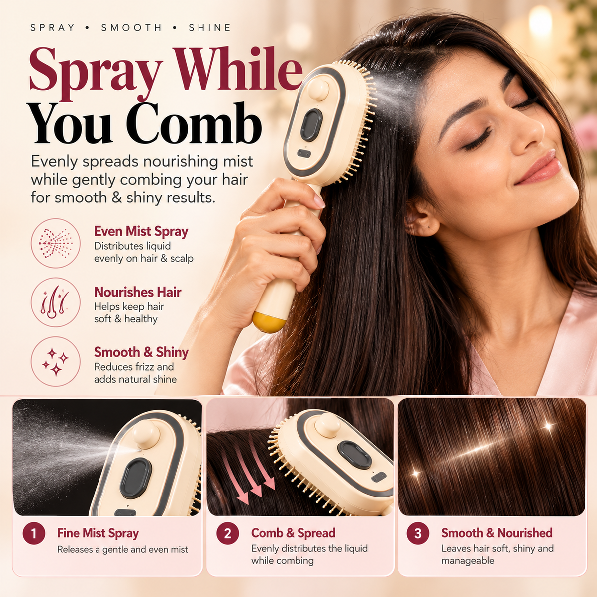 3-in-1 Electric Spray Hair Comb | Mist, Massage & Comb